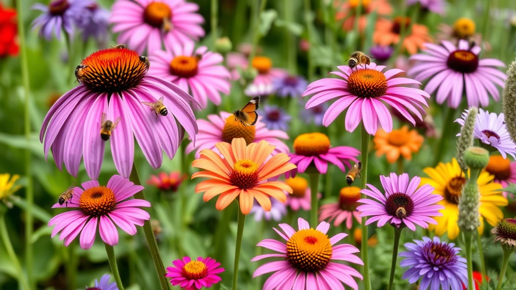 Diverse pollinator garden with bees and butterflies visiting purple coneflowers, zinnias, and native wildflowers in full summer bloom.