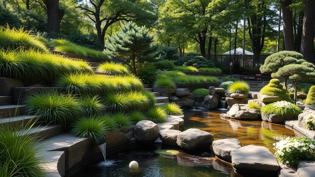 Tiered jade garden with Japanese forest grass cascading over stone edges, hellebores blooming white, water feature reflecting afternoon light through green canopy