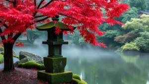 Japanese maple tree with delicate red foliage overhanging a moss-covered stone lantern beside a still pond, morning mist rising from water, authentic garden setting