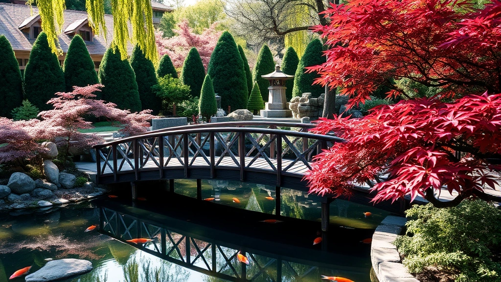 Curved wooden bridge crossing a calm koi pond surrounded by Japanese maples and evergreen shrubs, stone lantern visible in background, dappled sunlight through leaves