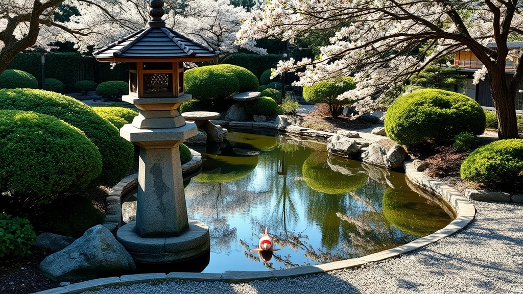 Tranquil Japanese garden with stone lantern reflected in still koi pond, manicured shrubs and flowering cherry trees surrounding water feature, morning sunlight creating shadows on gravel pathways