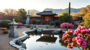 Traditional Japanese garden with stone lanterns, koi pond reflection, and carefully pruned azalea bushes in soft morning light, desert landscape backdrop