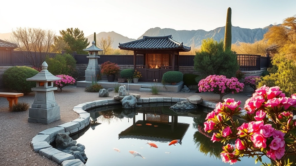Traditional Japanese garden with stone lanterns, koi pond reflection, and carefully pruned azalea bushes in soft morning light, desert landscape backdrop