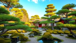 Serene Japanese garden with carefully pruned specimen trees, moss-covered stones, and a small water feature reflecting blue sky, traditional lantern visible in soft morning light, no people or text