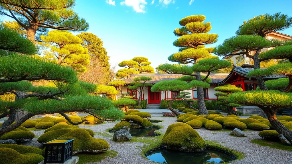 Serene Japanese garden with carefully pruned specimen trees, moss-covered stones, and a small water feature reflecting blue sky, traditional lantern visible in soft morning light, no people or text