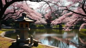 Serene Japanese garden featuring stone lantern near tranquil pond with reflected cherry blossoms and maple trees, spring sunlight filtering through canopy, no people visible