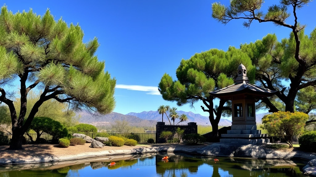 Serene Japanese garden with manicured trees, stone lantern, and koi pond reflecting blue sky, desert mountains visible in background, peaceful zen atmosphere