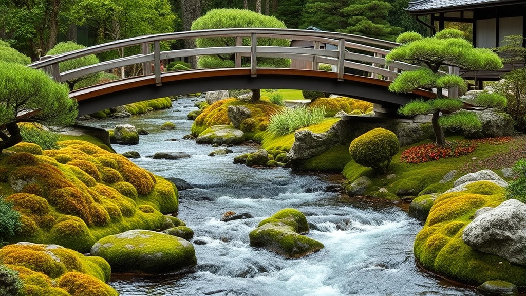 Curved wooden bridge over flowing stream in Japanese garden, lush green plantings and moss-covered rocks on both banks, traditional stone elements and carefully pruned specimens visible