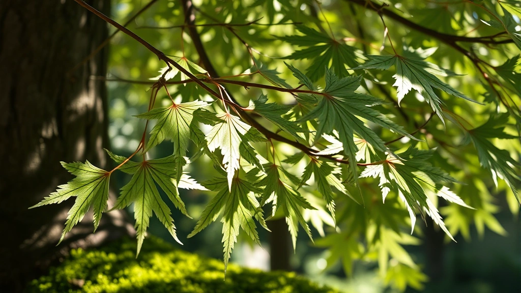 Close-up of delicate Japanese maple leaves with intricate branch structure, green moss at base of trunk, dappled sunlight creating natural patterns, photorealistic botanical detail, no signage
