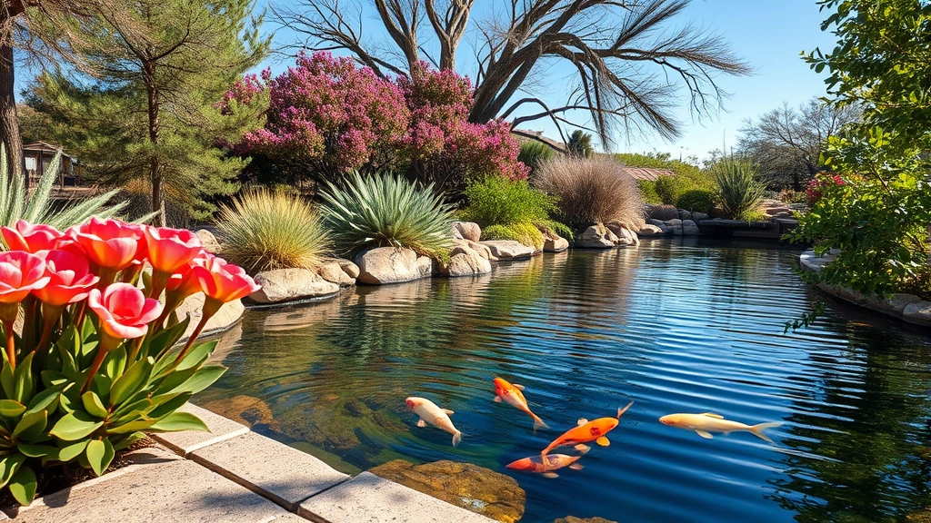 Close-up of Japanese garden water feature showing koi pond with native desert plants like desert rose and Texas privet creating natural frame, stone edge detailing, rippling water reflecting blue sky, peaceful atmosphere