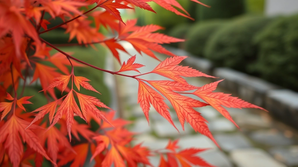Close-up of Japanese maple leaves showing delicate branching pattern and red-orange autumn coloring, traditional stone pathway blurred in background, natural daylight