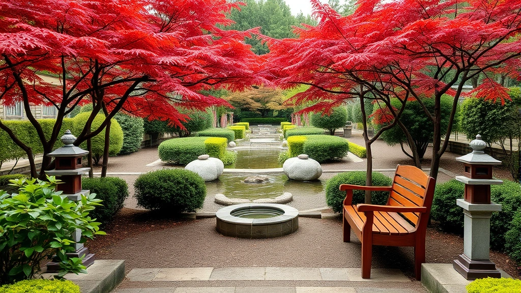 Peaceful garden seating area with wooden benches overlooking water feature, Japanese maples with red foliage, stone lanterns and manicured vegetation framing the contemplative space