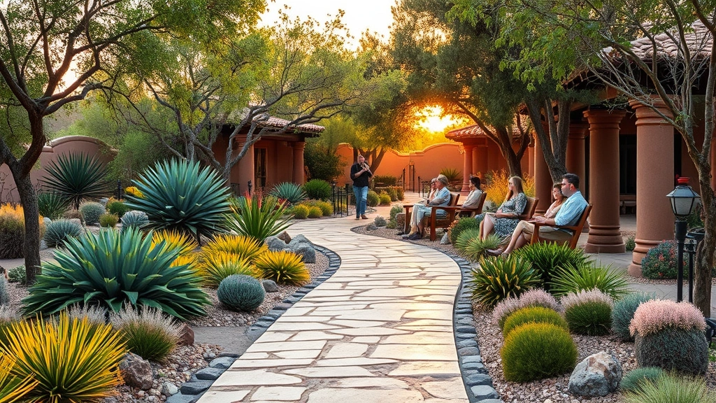 Peaceful garden pathway lined with native desert plants and traditional stone features, visitors sitting on benches in contemplation, golden hour sunlight filtering through trees