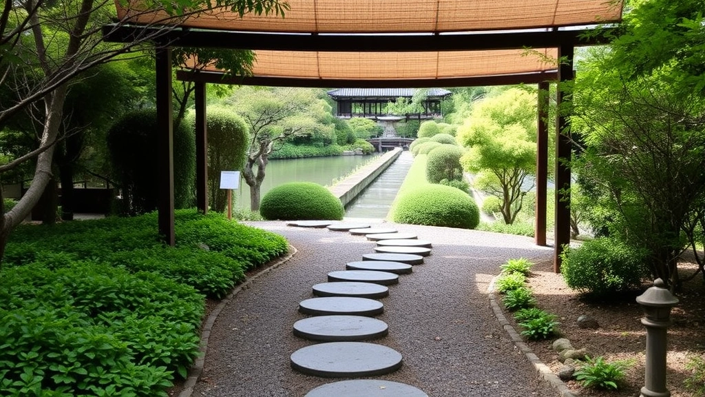 Traditional Japanese garden pathway with curved stepping stones, shade structure overhead, vibrant green plantings on both sides, peaceful water feature in background, serene atmosphere, no visitors or labels