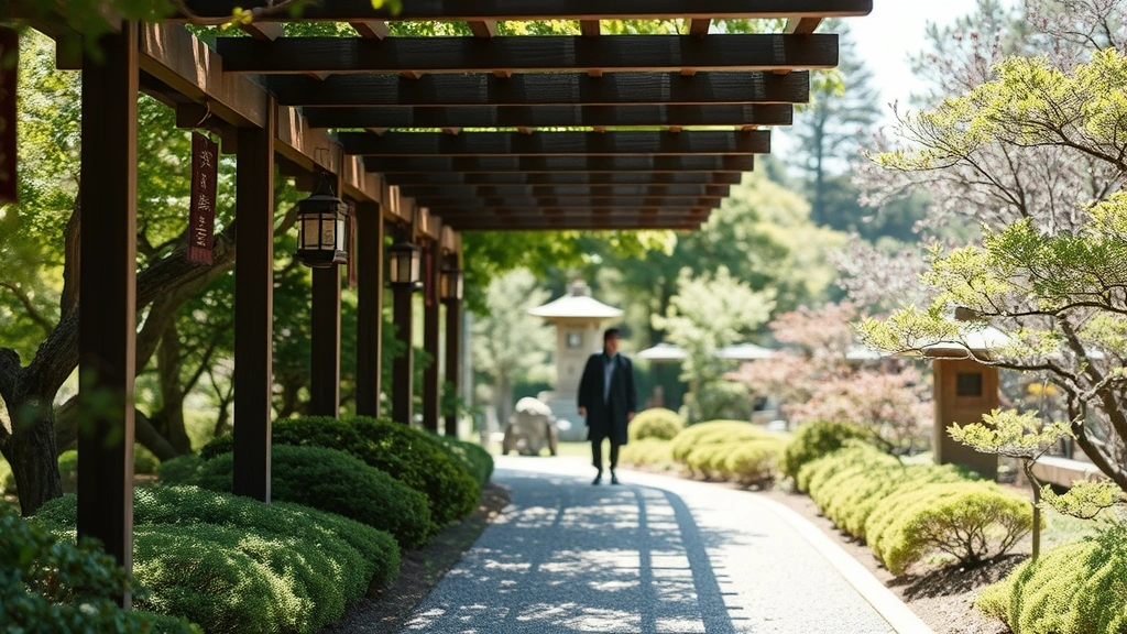 Japanese garden pathway lined with shade-creating pergola structure, decorative hanging elements, carefully pruned shrubs and small trees, stone lantern visible in soft focus background, visitor silhouette walking peaceful route, dappled light on ground