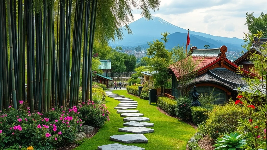 Winding garden pathway with stepping stones leading through lush bamboo grove and Japanese flowering plants, creating layered depth with mountain view in background, peaceful atmosphere