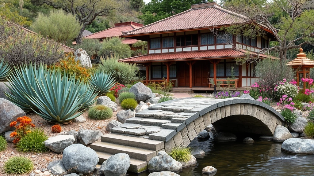 Japanese tea house with traditional architecture surrounded by desert-adapted plants including agave and flowering salvias, stone bridge crossing small stream in foreground