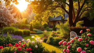 Peaceful garden at sunrise with soft morning light filtering through flowering trees and blooming perennials, creating serene atmosphere for listening to jazz music while gardening
