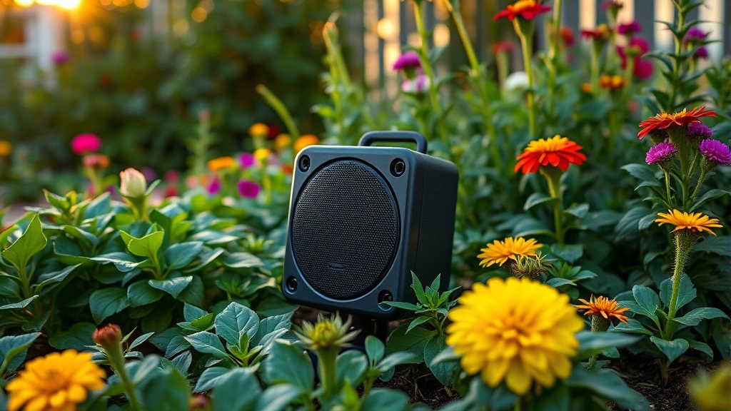 Weatherproof outdoor speaker positioned among lush plants and flowers in a well-maintained garden bed, surrounded by green foliage and colorful blooms during golden hour