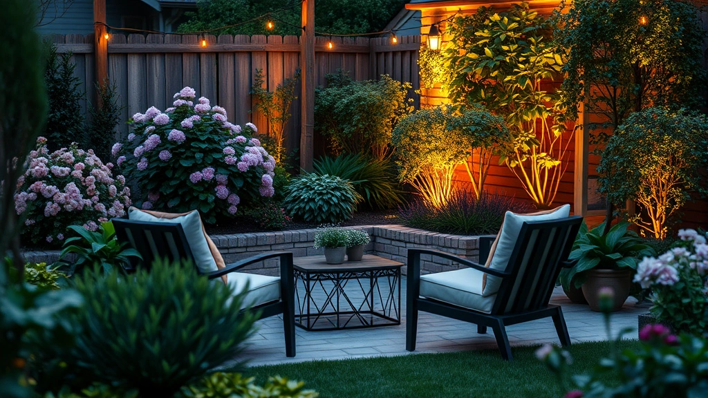 Comfortable seating area in a garden with soft evening lighting, featuring comfortable chairs near flowering shrubs and garden plants, perfect for relaxing to jazz in outdoor space