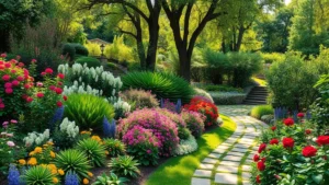 Lush garden paradise with layered plantings, flowering shrubs, perennials in bloom, winding stone pathway, dappled sunlight through mature trees, vibrant colors