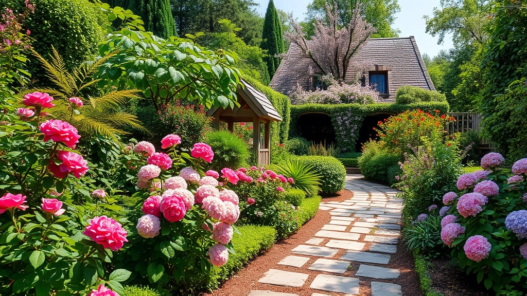 Lush paradise garden with layered plantings, blooming roses and hydrangeas, stone pathway, flowering trees, and verdant foliage in natural daylight