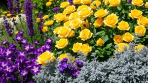Lush garden with vibrant purple flowers, golden yellow roses, and silver-leafed dusty miller plants arranged in dramatic contrast, natural daylight