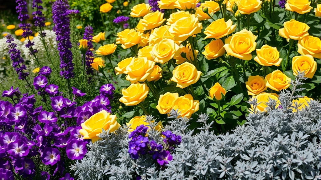 Lush garden with vibrant purple flowers, golden yellow roses, and silver-leafed dusty miller plants arranged in dramatic contrast, natural daylight
