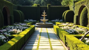 Lush formal garden with symmetrical hedges, manicured flower beds in soft pastels, stone pathway leading to ornate fountain, afternoon sunlight creating shadows, elegant and peaceful atmosphere