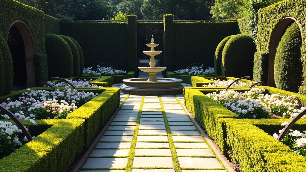 Lush formal garden with symmetrical hedges, manicured flower beds in soft pastels, stone pathway leading to ornate fountain, afternoon sunlight creating shadows, elegant and peaceful atmosphere