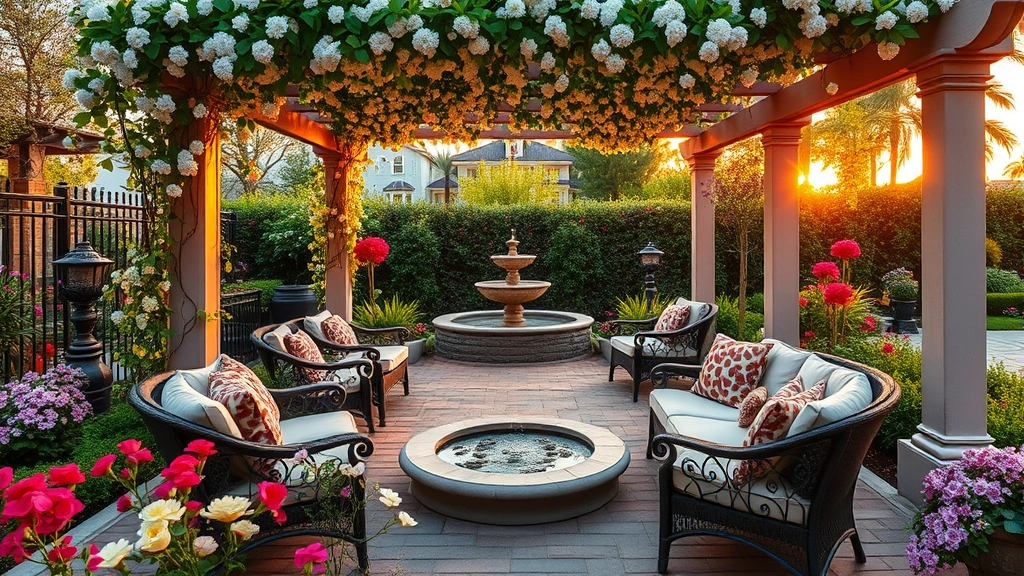 Elegant outdoor seating area surrounded by fragrant flowers, comfortable furniture, flowering vines on pergola, peaceful water feature, sunset lighting, paradise garden ambiance