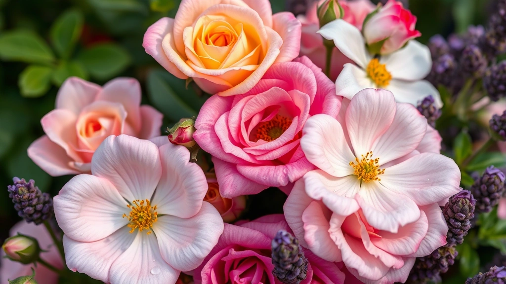 Close-up of fragrant garden flowers including roses, jasmine, and lavender with morning dew, soft natural lighting, rich colors and textures