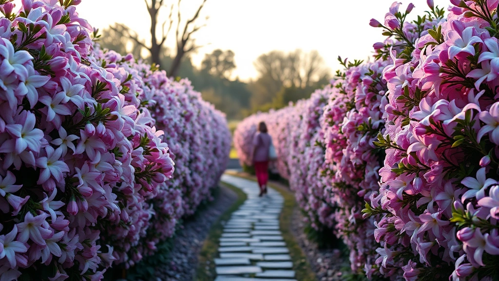 Elegant garden pathway with tuberose and jasmine flowers blooming densely on both sides, soft evening light filtering through fragrant blooms