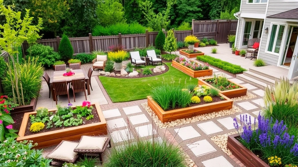 Diverse garden landscape showing multiple zones: dining patio, relaxation seating, raised vegetable beds, flowering borders, ornamental grasses, hardscaping elements integrated harmoniously