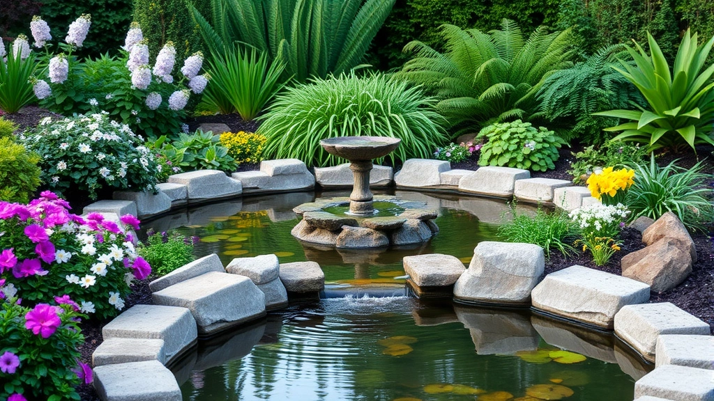 Tranquil garden water feature with small recirculating fountain surrounded by flowering perennials, stone edging, lush hostas and ferns, soft natural lighting, peaceful reflective pool