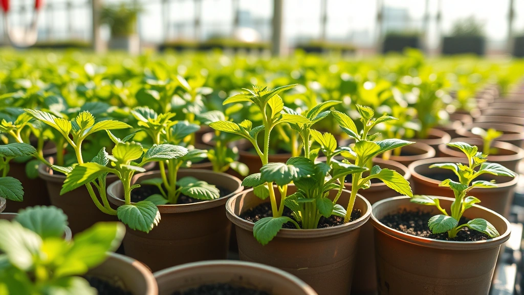 Close-up of healthy herb seedlings with vibrant green leaves in biodegradable pots, morning sunlight filtering through greenhouse glass, professional nursery setting