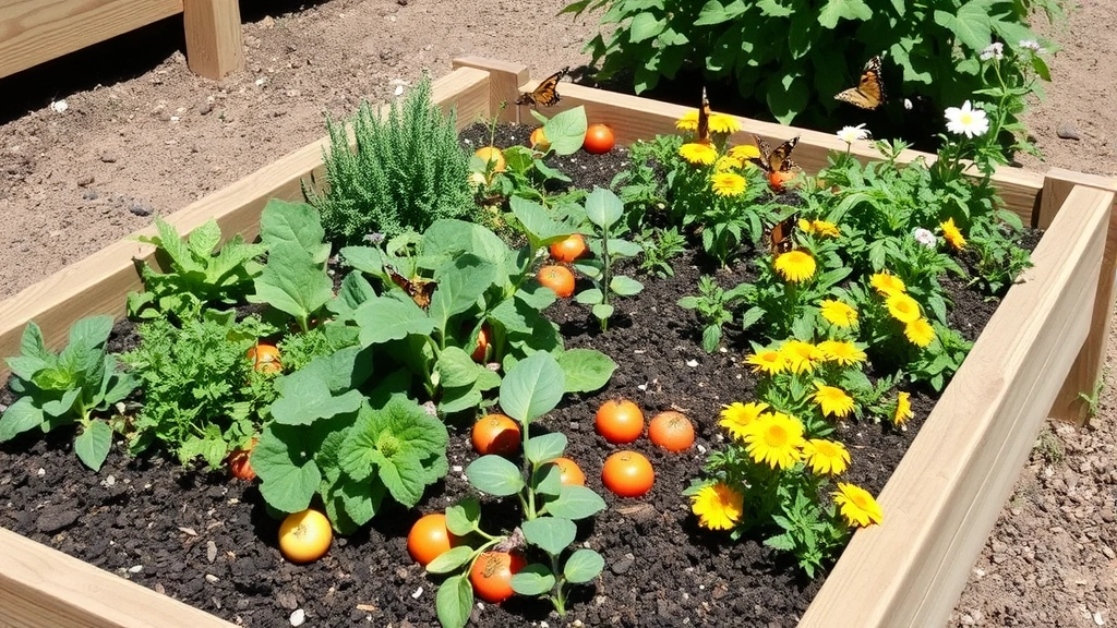 Demonstration raised garden bed overflowing with mixed vegetables and herbs, rich dark soil visible, wooden frame construction, pollinator butterflies visiting flowers, natural daylight