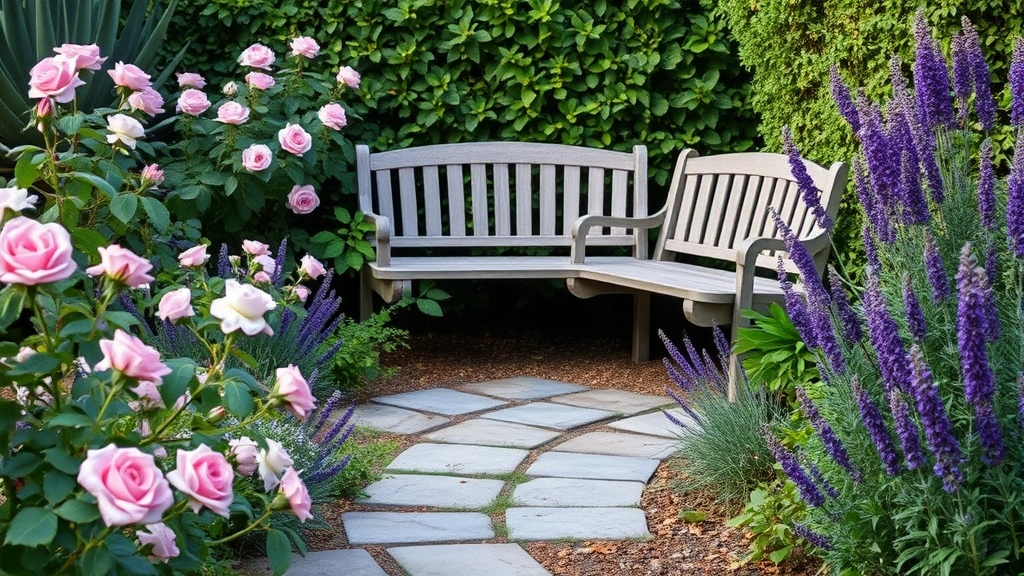 Serene garden bench nestled in corner surrounded by flowering plants including roses and lavender, stone pathway leading to seat, soft natural lighting, tranquil garden setting