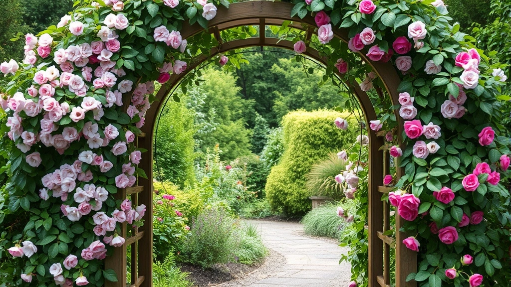 Climbing vine-covered garden arch structure made of wood or metal, flowering clematis or climbing roses adorning the archway, lush green foliage, garden path visible through arch