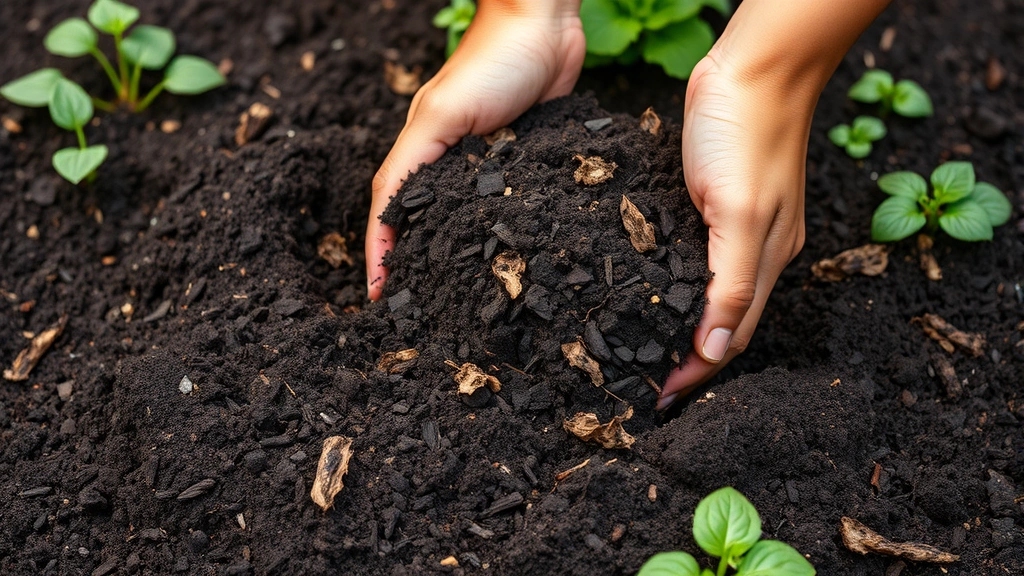 Hands spreading rich dark compost into vegetable garden bed with growing plants, close-up showing texture and organic matter decomposition