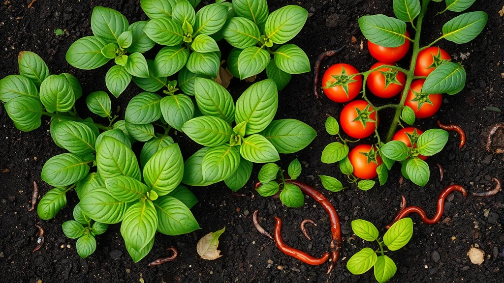 Overhead view of thriving organic vegetable garden with vibrant leafy greens, tomato plants, and earthworms visible in dark fertile soil