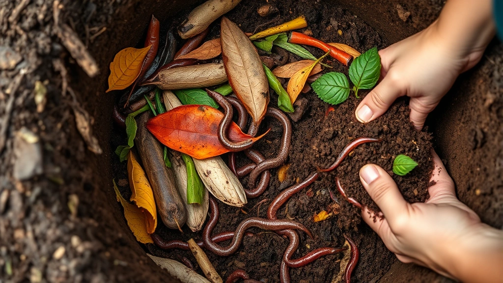 Close-up of decomposing organic matter in keyhole garden composting core, showing kitchen scraps, leaves, grass clippings layered together, earthworms visible in soil, hands adding fresh compost