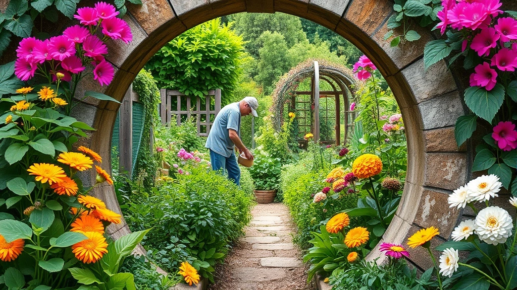 Mature keyhole garden in full production with vibrant vegetables, herbs, and flowers blooming simultaneously, person harvesting from wedge-shaped entrance pathway, stone edging visible, lush green foliage