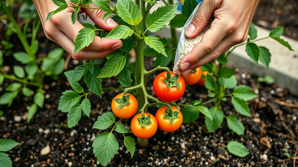 Close-up of gardener's hands applying granular fertilizer around base of healthy tomato plant with green leaves and developing fruit clusters