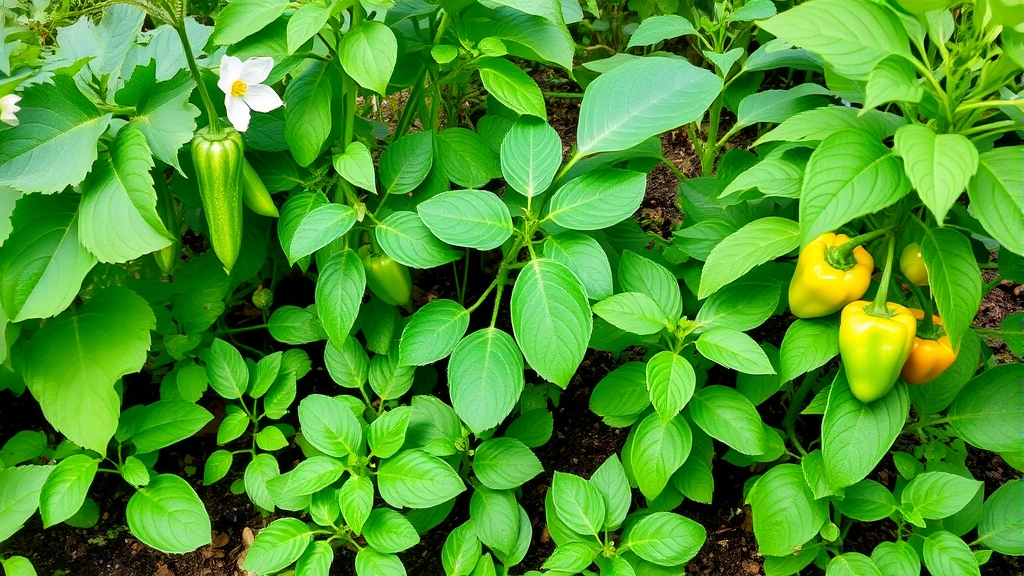 Garden bed showing lush vegetable growth with various crops at different stages including flowering cucumber vines, leafy greens, and developing pepper fruits