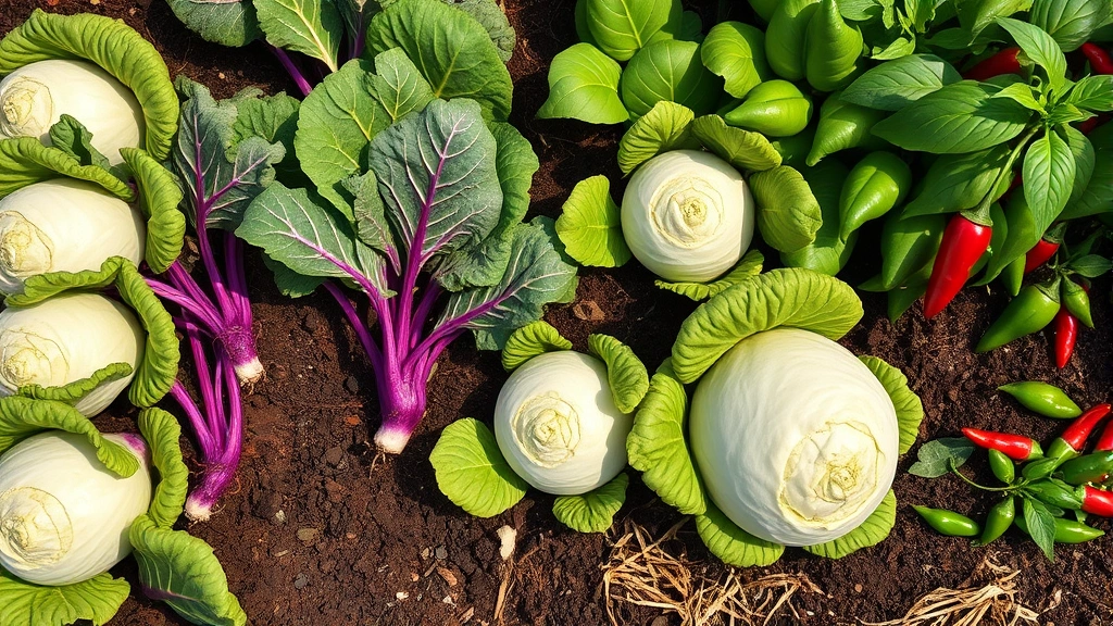 Vibrant overhead view of a productive kimchi garden bed with mature napa cabbage heads, Korean radish plants with purple-tinged roots showing, and green chili pepper plants with ripe red peppers, morning sunlight illuminating rows, rich dark soil mulched with straw, water droplets visible on leaves suggesting recent watering