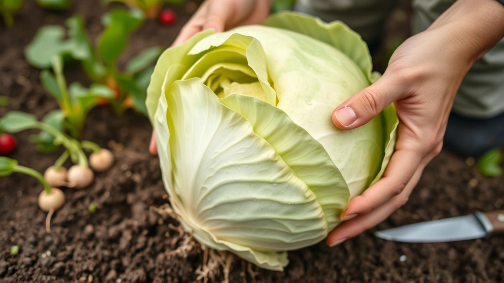 Close-up detail of hands harvesting a firm napa cabbage head from garden soil, showing the pale green layered leaves and root system, morning dew glistening, with blurred garden background containing radish plants and pepper plants, gardening knife visible