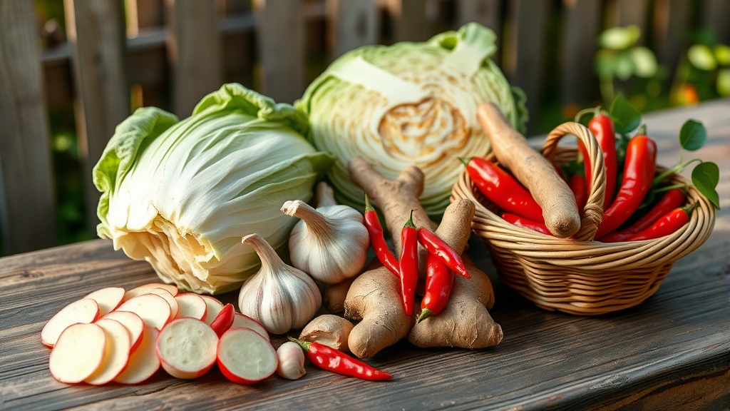 Rustic wooden table displaying freshly harvested kimchi ingredients: cleaned napa cabbage head, sliced Korean radish rounds, whole garlic bulbs with dried skin, fresh ginger rhizomes, and basket of red chili peppers, natural outdoor lighting, garden fence visible in soft focus background